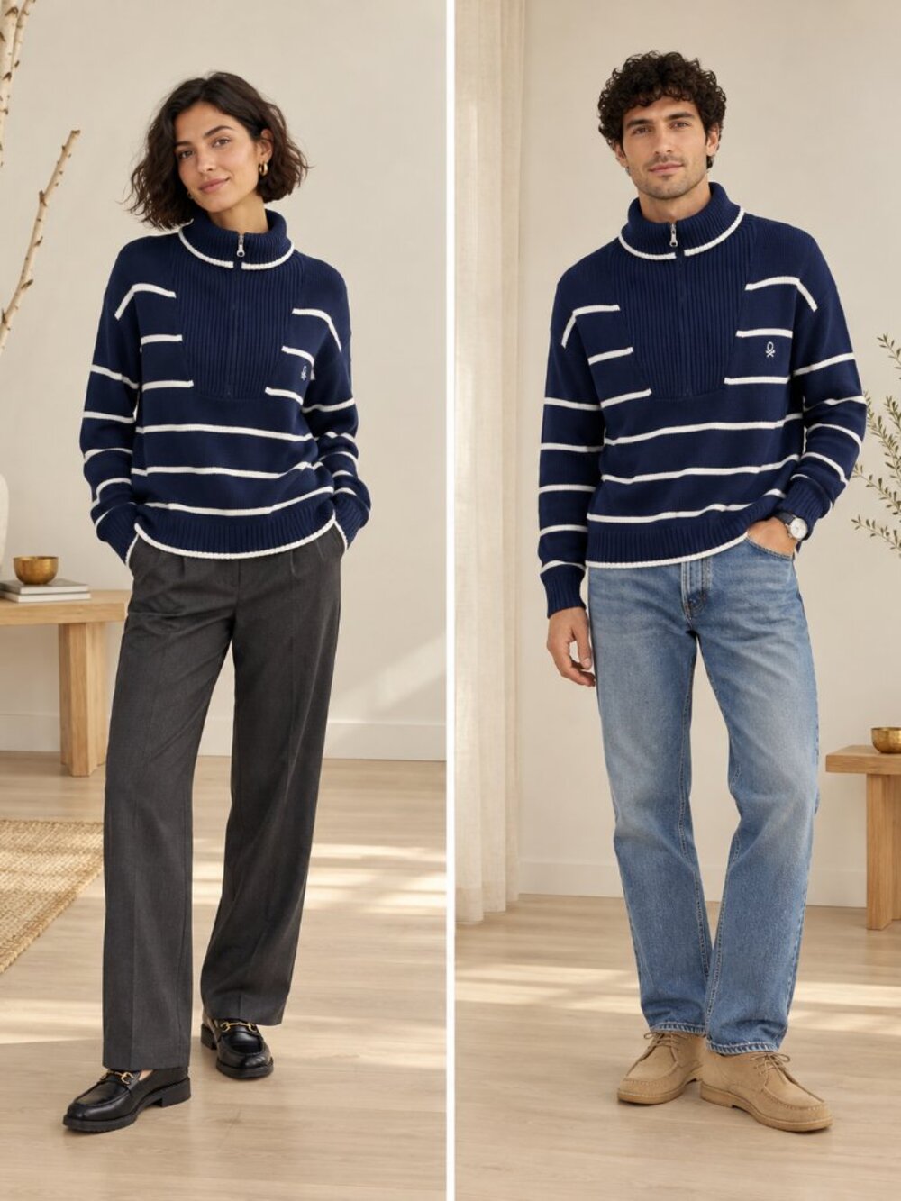 United colours of Benetton blue white striped sweater knit Large Unisex 1/4 zip